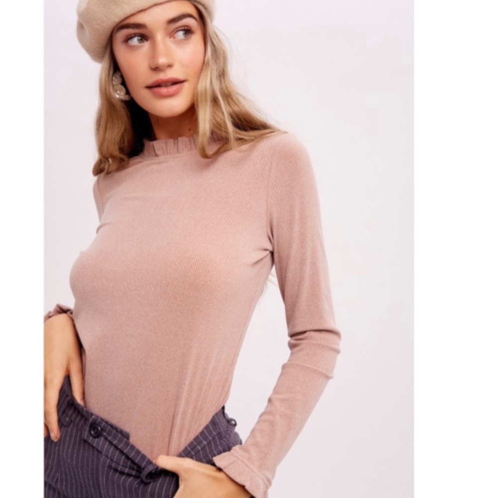New// Blush Ribbed Ruffle Long Sleeve Top - Picture 4 of 6